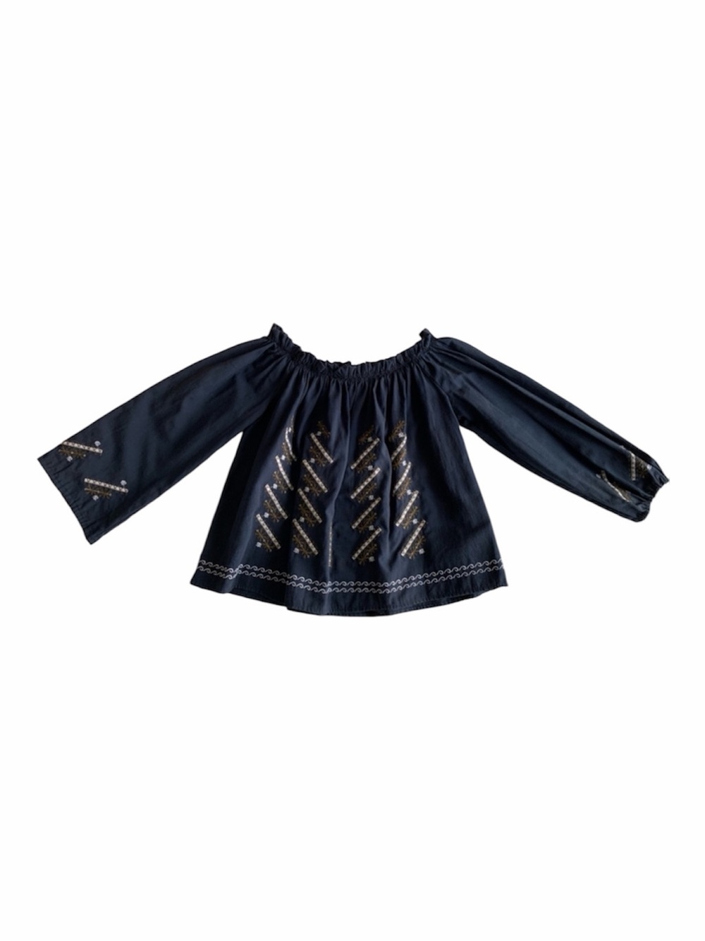 Island Girl Navy Blue Ruffle Babydoll Top Pleats White Embroidery Women’s